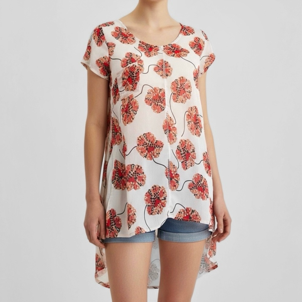 Anthropologie 100% Silk Tunic Dress Floral 90’s Grunge Festival Sz S Semi Sheer